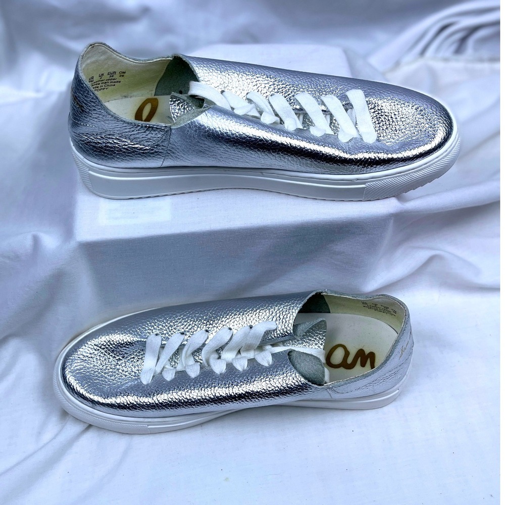 Sam Edelman Poppy Silver Metallic Pebbled Leather Platform Sneakers Women 9